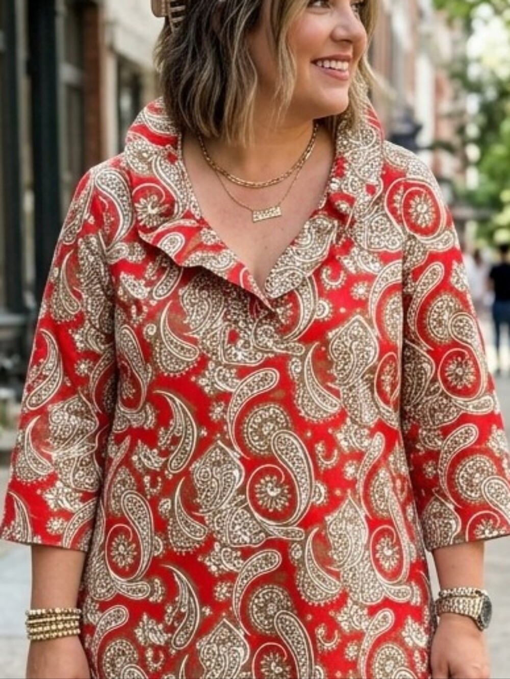 Gretchen Scott Ruffle Neck Tunic Top XL Red Paisley Stretch Jersey 3/4 Sleeve